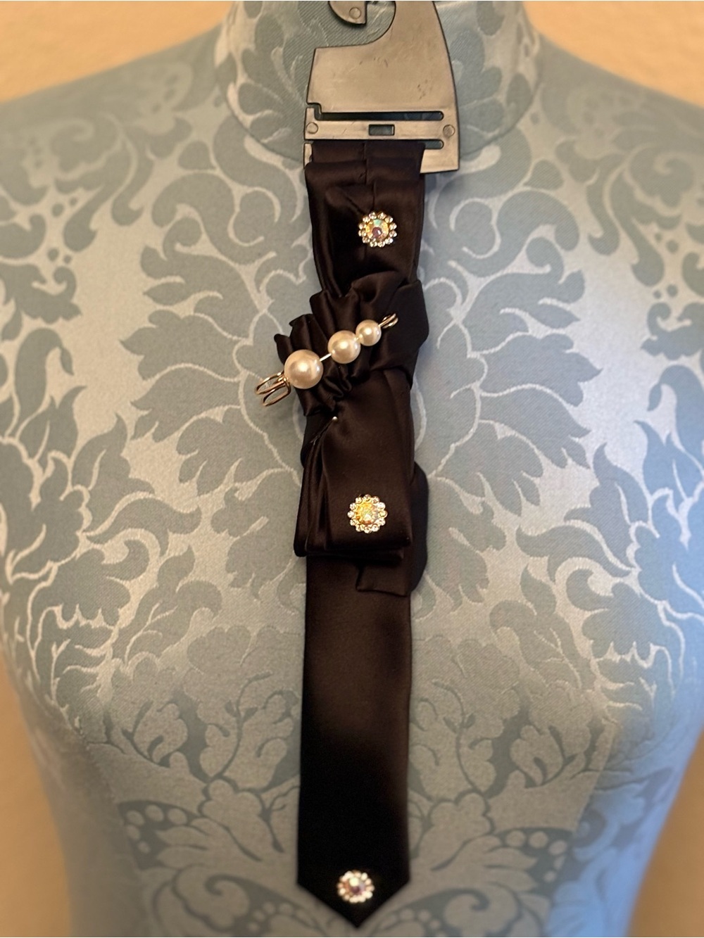 Elegant Black Satin  necktie necklace with Pearl & Crystal Accents